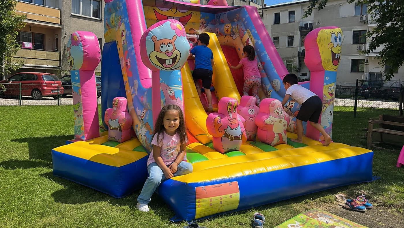 Djeca se igraju na Spongebob napuhancu u dvorištu